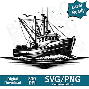 Vissersboot SVG PNG, Oceaan SVG vectorafbeelding, lasergraveur, CNC, illustraties, laser klaar, snijplanken, gepersonaliseerd cadeau