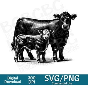 Paire de veaux vache Black Angus SVG, clipart animaux, animal mignon, ferme, image vectorielle, graveur laser, 4 h, téléchargement numérique, vache svg, png de la ferme