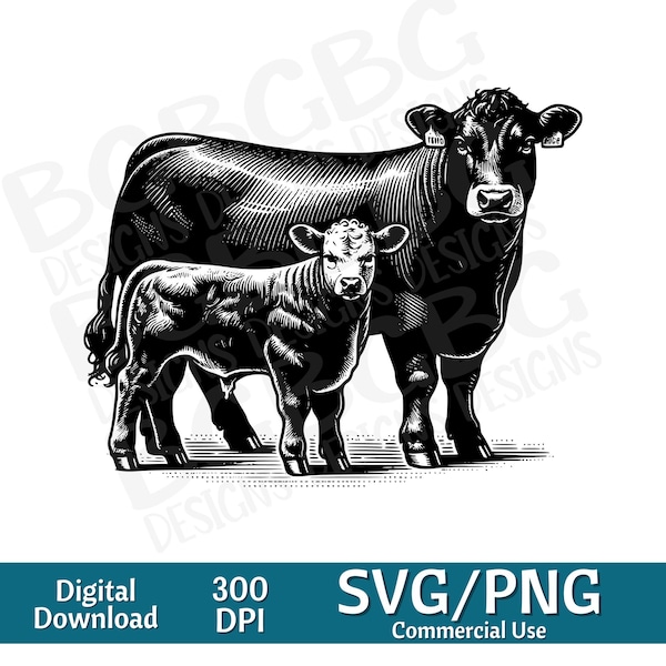 Black Angus Cow Calf Pair SVG, Animal clipart, cute animal, Farm,  vector graphic, laser engraver, 4-h, digital download, cow svg,  farm png