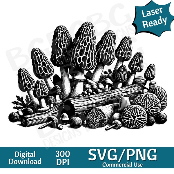 Morel Mushrooms SVG PNG, vector graphic, laser engraver, cnc, Clip art, laser ready, cutting boards, Personalized Gift