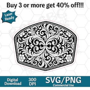 Può includere: Design floreale in bianco e nero, download digitale in formati SVG e PNG. Il design presenta un motivo simmetrico dettagliato con foglie e fiori a spirale. L'immagine è etichettata "Laser Ready" e "Commercial Use."