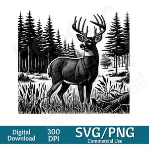 Buck in Woods SVG, Buck Clipart, Whitetail svg, Hunting svg, Deer clipart, Big Rack svg, gráfico vectorial, grabador láser, cnc, Clip art,