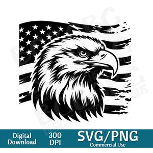May include: Black and white illustration of a bald eagle's head with a distressed American flag behind it.  SVG/PNG Commercial Use.