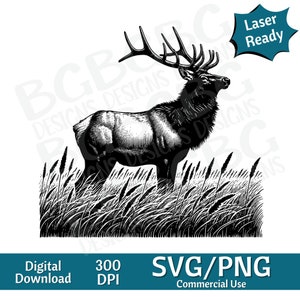 May include: Black and white illustration of an elk standing in tall grass. The elk is facing to the right and has large antlers. The image is suitable for use as a digital download for crafting projects.