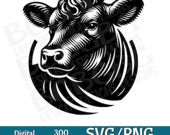 May include: Black and white illustration of a cow's head with a stylized design around it. The cow's head is facing the viewer with its eyes closed. The design around the cow's head is made up of wavy lines.