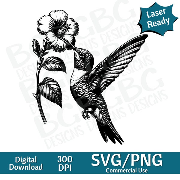Hummingbird Drinking Nectar SVG PNG, vector graphic, laser engraver, cnc, Clip art, laser ready, cutting boards,  Personalized Gifts