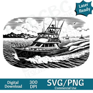 Barco de chárter de pesca SVG PNG, gráfico vectorial Ocean svg, grabador láser, cnc, Clip art, listo para láser, tablas de cortar, regalo personalizado