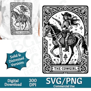 De Cow Girl Tarot Card SVG PNG, cowgirl, Laarzen, Sublimatie Design, Skelet, sarcastisch, Tarot Card Svg, Lasergravure