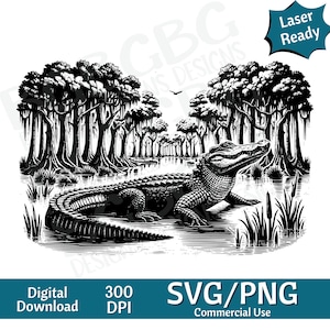 Alligator in moeras SVG PNG, vectorafbeelding, lasergraveur, cnc, illustraties, laser klaar, snijplanken, gepersonaliseerde geschenken