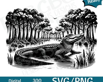 Alligator in Swamp SVG PNG, vector graphic, laser engraver, cnc, Clip art, laser ready, cutting boards, Personalized Gifts