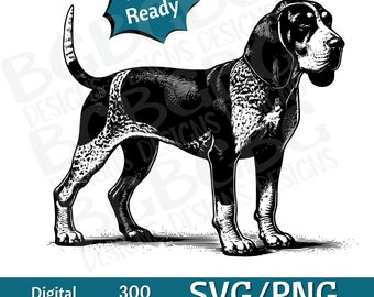 May include: Black and white illustration of a Bloodhound dog standing. The dog is facing the right side of the image. The image is labeled "Laser Ready".