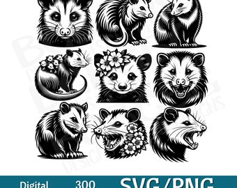 May include: A set of nine black and white digital illustrations of opossums in various poses. The opossums are depicted in a cartoon style with large eyes and a friendly expression. Some of the opossums are wearing flowers in their hair. The illustrations are ideal for use in crafts, scrapbooking, or digital design.