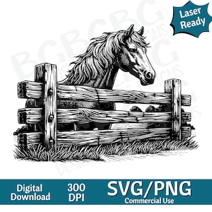Cheval à la clôture SVG PNG, vie à la ferme, comté, graphique vectoriel, graveur laser, cnc, clipart, prêt pour le laser, planches à découper, cadeaux personnalisés