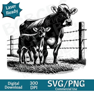 Paire de vaches et veaux suisses bruns SVG, clipart animaux, ferme, image vectorielle, graveur laser, 4 h, téléchargement numérique, vache svg, png de la ferme