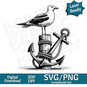 Zeemeeuw op post met anker SVG PNG, vectorafbeelding, lasergraveur, cnc, illustraties, laser klaar, snijplanken, gepersonaliseerde geschenken