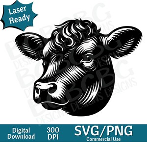 May include: Black and white silhouette of a cow's head. The cow is looking to the left. The image is a digital download and is 300 DPI. It is available in SVG and PNG formats and is for commercial use.