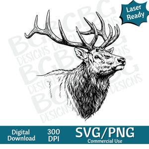 Puede incluir: Ilustración en blanco y negro de la cabeza de un alce con grandes astas. La imagen está etiquetada como "Laser Ready" y "SVG/PNG Commercial Use". También incluye "Digital Download" y "300 DPI".