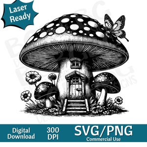 Mushroom Fairy House SVG PNG, vectorafbeelding, lasergraveur, cnc, illustraties, laser klaar, snijplanken, gepersonaliseerd cadeau