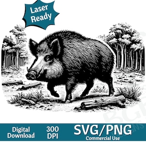 Javali na floresta SVG, clipart de porco, porco svg, caça svg, clipart de porco, porco svg, gráfico vetorial, gravador a laser, cnc, clip art,