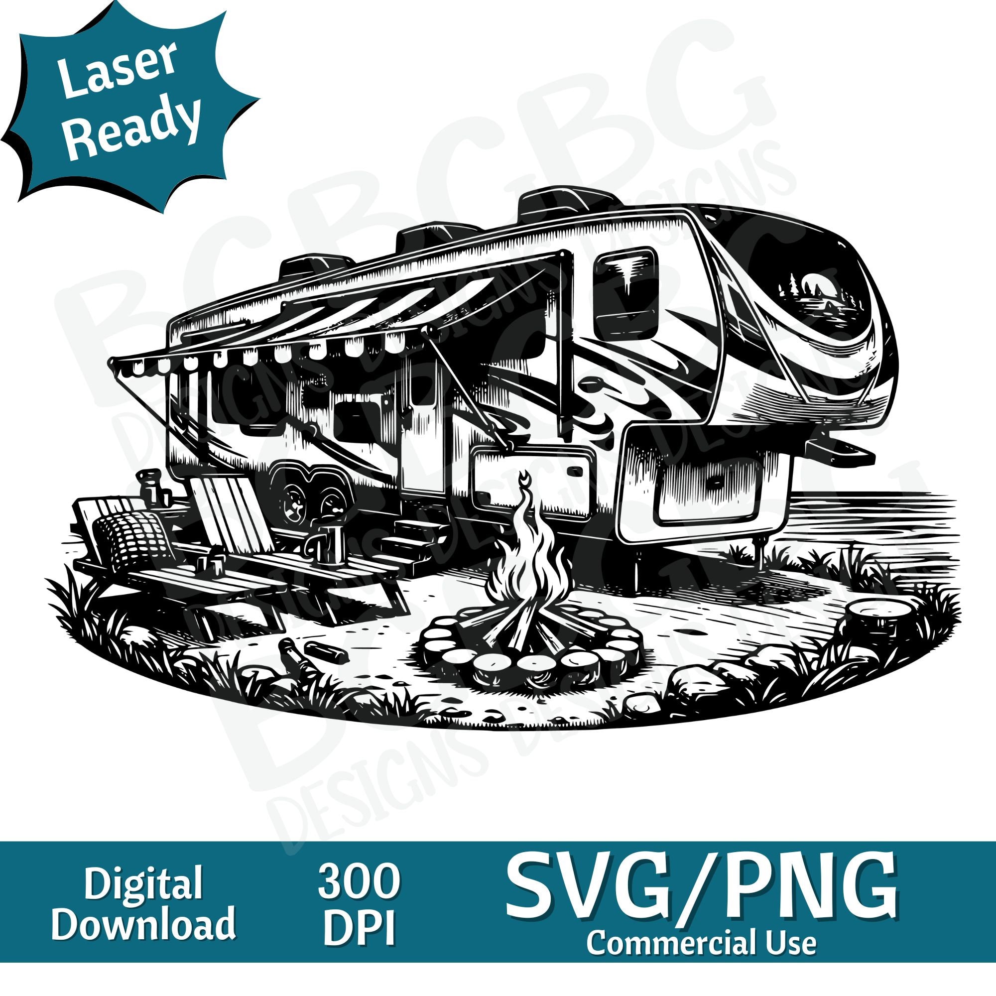 5th Wheel RV Lake Side Camp Ground, Camper SVG PNG, Vector Graphic
