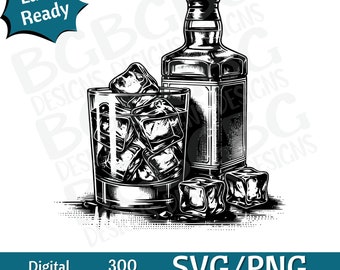 May include: Black and white illustration of a bottle of whiskey with a glass of ice. The bottle and glass are on a textured surface.