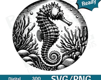 Seahorse and Reef SVG PNG, Ocean svg vector graphic, laser engraver, cnc, Clip art, laser ready, cutting boards,  Personalized Gift