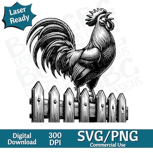 Hahn Krähen auf Zaun SVG PNG, Huhn, Bauernhof, Vektorgrafik, Lasergravur, cnc, Clip Art, Laser bereit