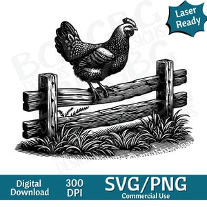 Poulet sur clôture SVG PNG, vie à la ferme, comté, graphique vectoriel, graveur laser, cnc, clipart, prêt pour le laser, planches à découper, cadeaux personnalisés