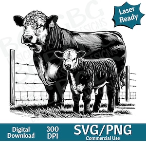 Hereford vache et veau paire SVG, clipart animaux, animal mignon, ferme, image vectorielle, graveur laser, 4 h, téléchargement numérique, vache svg, png de la ferme