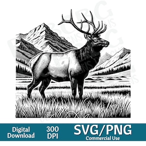 Alce en las montañas SVG, Elk Clipart, Elk svg, Hunting svg, Deer clipart, Big Rack svg, gráfico vectorial, grabador láser, cnc, Clip art,