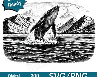 Whale Breaching SVG PNG, humpback, Ocean svg vector graphic, laser engraver, cnc, Clip art, laser ready, cutting boards,  Personalized Gift