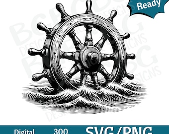 May include: Black and white illustration of a ship's wheel emerging from stylized waves. The wheel has multiple spokes and a central hub. The image includes the text "Laser Ready", "Digital Download", "300 DPI", and "SVG/PNG Commercial Use".