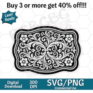 May include: Black and white decorative belt buckle design with floral and scrollwork patterns. The buckle has a rope-like border and is labeled "Laser Ready" and "SVG/PNG Commercial Use".