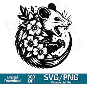 Opossum SVG Opossum tête fleurs, Opossum tête Svg, Opossum Clipart, Opossum avec fleurs Svg, illustration vectorielle, graveur laser, cnc, clipart