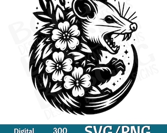 May include: Black and white illustration of an opossum with a snarling expression, surrounded by flowers and leaves. The opossum is in a circular frame with a starburst design.