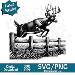 May include: Black and white illustration of a deer jumping over a wooden fence. The deer has large antlers and is in mid-air. The fence is made of horizontal wooden planks.