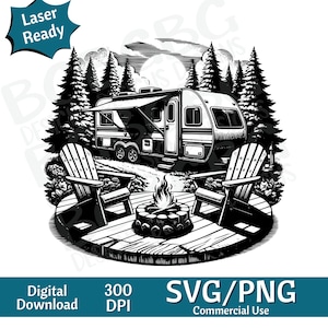 RV en camping, Camper SVG PNG, vectorafbeelding, lasergraveur, cnc, illustraties, laser klaar, snijplanken, gepersonaliseerde geschenken