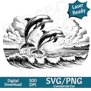 Dolfijnen springen SVG PNG, strand, oceaan SVG vectorafbeelding, lasergraveur, CNC, clip art, laser klaar, snijplanken, gepersonaliseerde geschenken