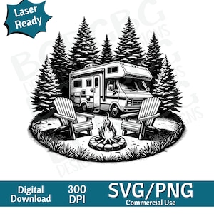 Motor Home en Camp Ground, Camper SVG PNG, vectorafbeelding, lasergraveur, cnc, illustraties, laser klaar, snijplanken, gepersonaliseerde geschenken