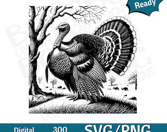 Kalkon som struttar i fält SVG PNG, kalkonsilhuett, laserklar, vektorgrafik, lasergravör, CNC, Clip Art,