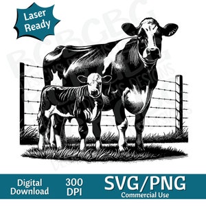 Paire de vache et veau Holstein SVG, clipart animaux, animal mignon, ferme, image vectorielle, graveur laser, 4 h, téléchargement numérique, vache svg, png de la ferme