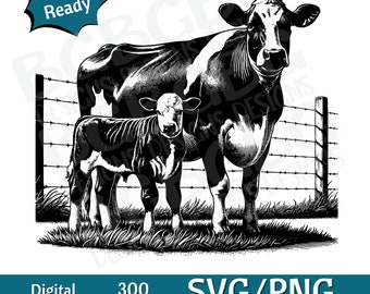 Holstein Kuh und Kalb Paar SVG, Tier Clipart, niedliches Tier, Bauernhof, Vektorgrafik, Lasergravur, 4-h, digitaler Download, Kuh svg, Bauernhof png