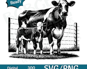 May include: Black and white illustration of a cow and calf standing behind a barbed wire fence. The cow is larger than the calf and has a white face. The calf is smaller and has a white face with black spots. The image is suitable for use in a variety of projects, such as t-shirts, mugs, and home decor.