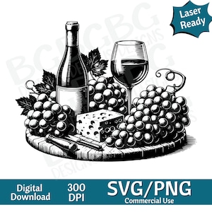 Wijn en kaas SVG PNG, vectorafbeelding, lasergraveerder, cnc, illustraties, laser klaar, snijplanken, gepersonaliseerde geschenken