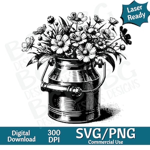 Milk Can with Flowers SVG PNG, vector graphic, laser engraver, cnc, Clip art, laser ready, cutting boards,  Personalized Gifts