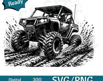 May include: Black and white illustration of an off-road vehicle driving through mud. The vehicle has a roll cage and a driver in the seat. The vehicle is splashing mud as it drives through the mud.
