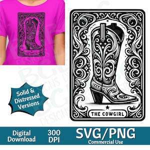La carta del tarot de la chica de la vaca SVG PNG, vaquera, botas, diseño de sublimación, esqueleto, sarcástico, carta del tarot svg, grabado láser