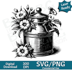 Lata de leche con flores SVG PNG, gráfico vectorial, grabador láser, cnc, Imágenes prediseñadas, listo para láser, tablas de cortar, Regalos personalizados