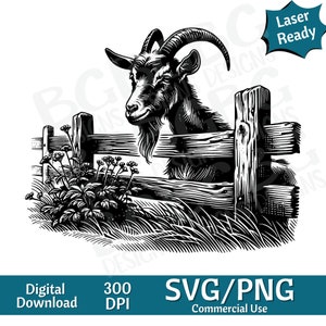Ziege am Zaun SVG PNG, Bauernhofleben, Landkreis, Vektorgrafik, Lasergravur, CNC, ClipArt, laserfertig, Schneidebretter, personalisierte Geschenke