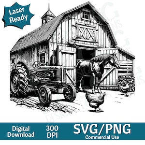 Oude schuur en tractor boerderij scène SVG PNG, vectorafbeelding, lasergraveur, cnc, illustraties, laser klaar, snijplanken, gepersonaliseerde geschenken